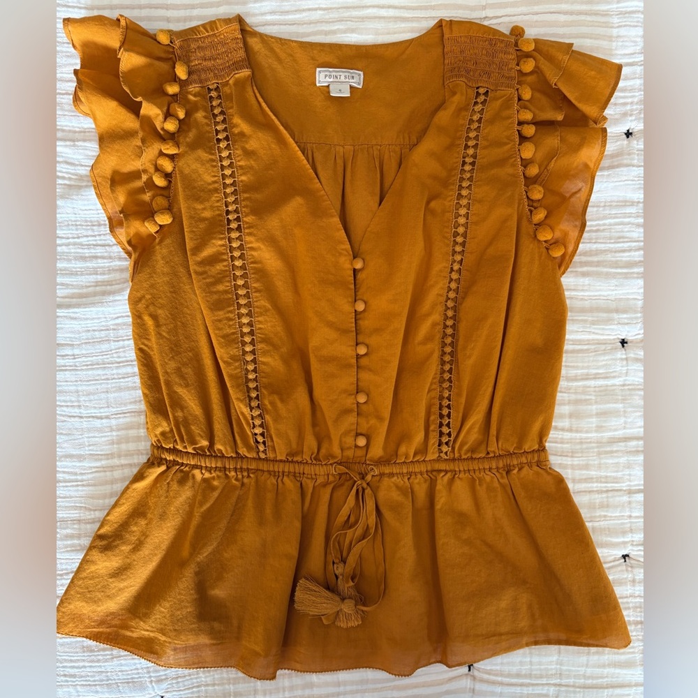 JCrew Point Sur flutter sleeve blouse with pom poms